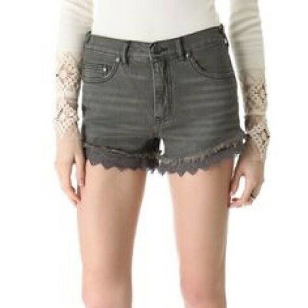 Free People Gray High Rise Lace Trim Denim Shorts